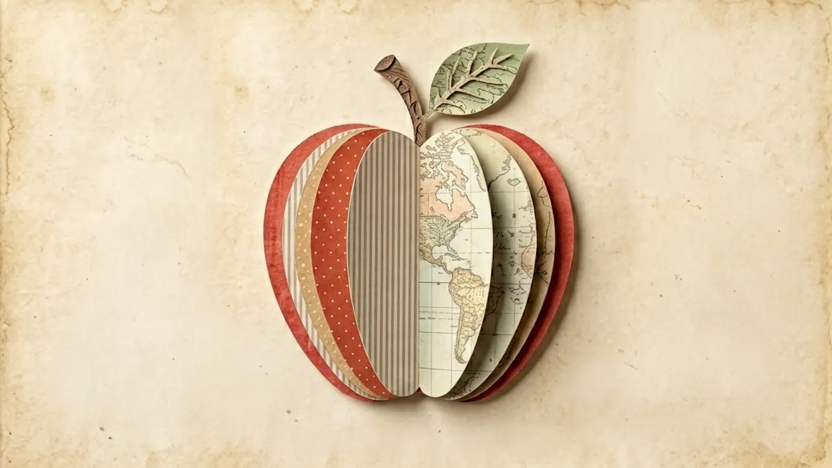 World of Knowledge Frame TV sign — an apple made of layered vintage map and patterned paper pages on a parchment background